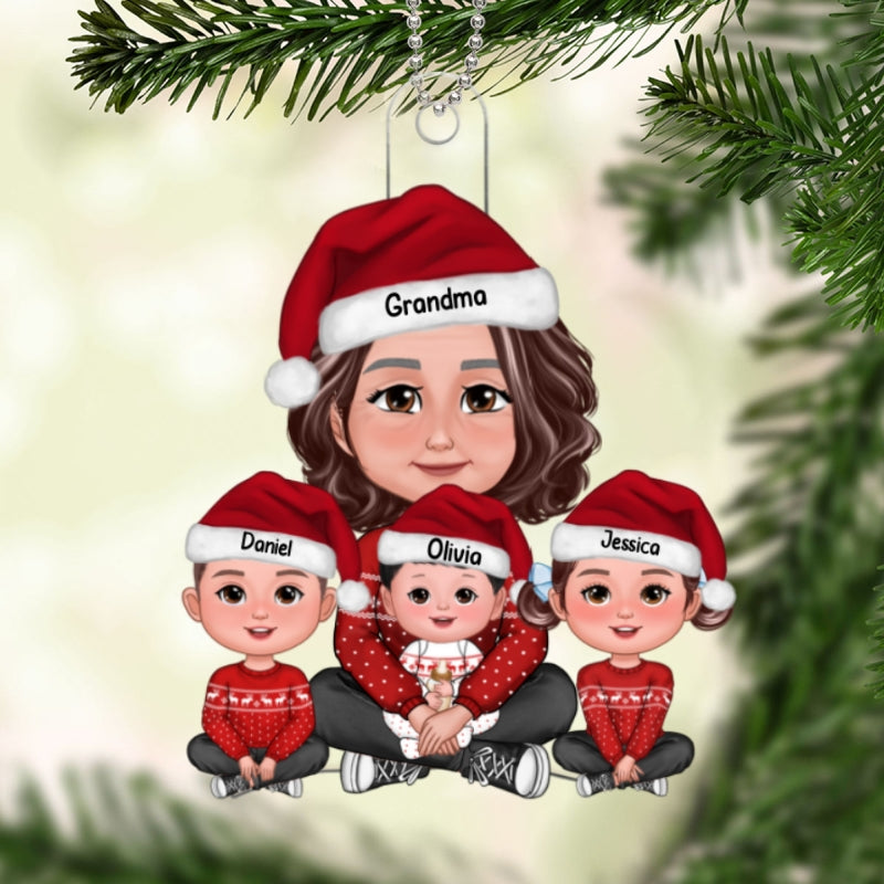 Grandma & Grandkids Sitting Crossed Legs Gift For Grandson Granddaughter Personalized Acrylic Ornament