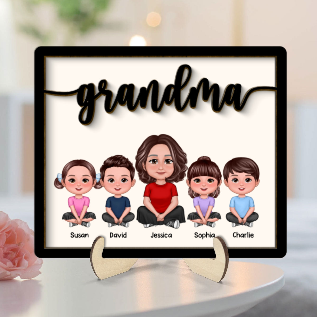 Grandma Grandkids Sitting Crossed Legs Personalized 2-layer Wooden Plaque