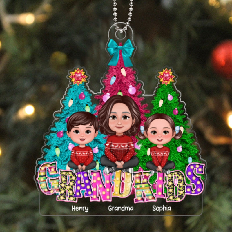Grandma Grandkids Sitting Christmas Tree Marquee LED Personalized Acrylic Ornament