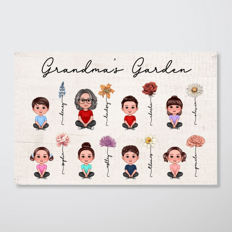Grandma Grandkids Sitting Crossed Legs Garden Vintage Birth Month Flowers Mother¡®s Day Gift Personalized Horizontal Poster