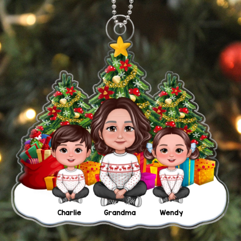 Grandma & Grandkids Sitting Crossed Legs Christmas Tree Gift Personalized Acrylic Ornament