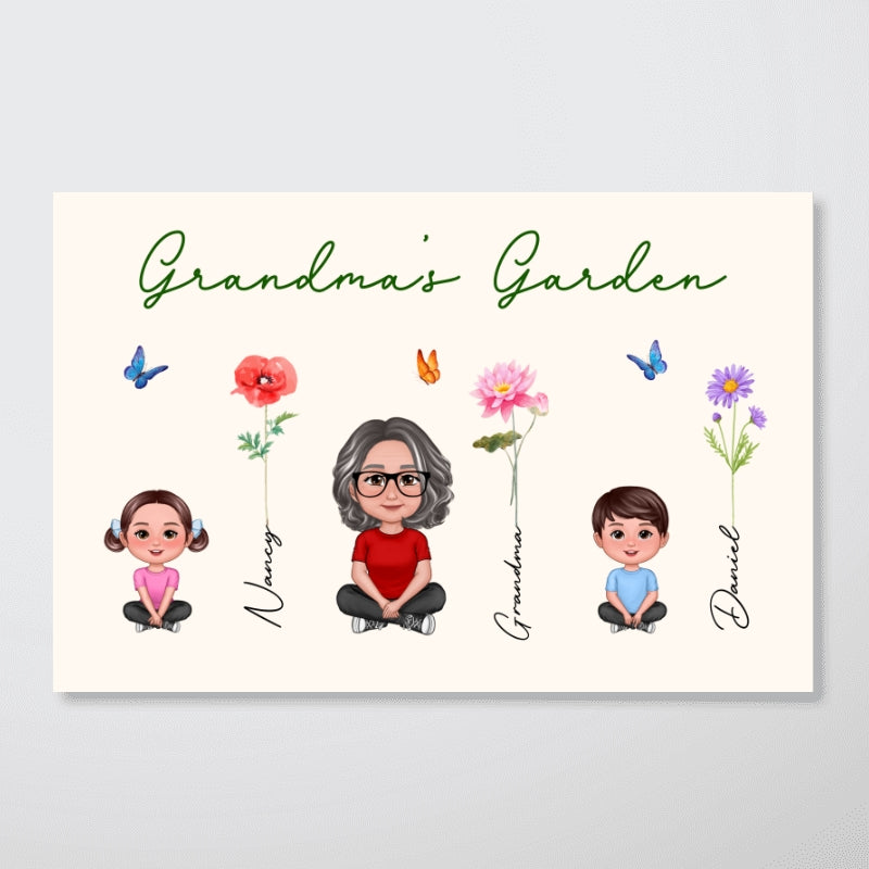 Grandma Grandkids Sitting Crossed Legs Garden Watercolor Birth Month Flowers Mother¡®s Day Gift Personalized Horizontal Poster