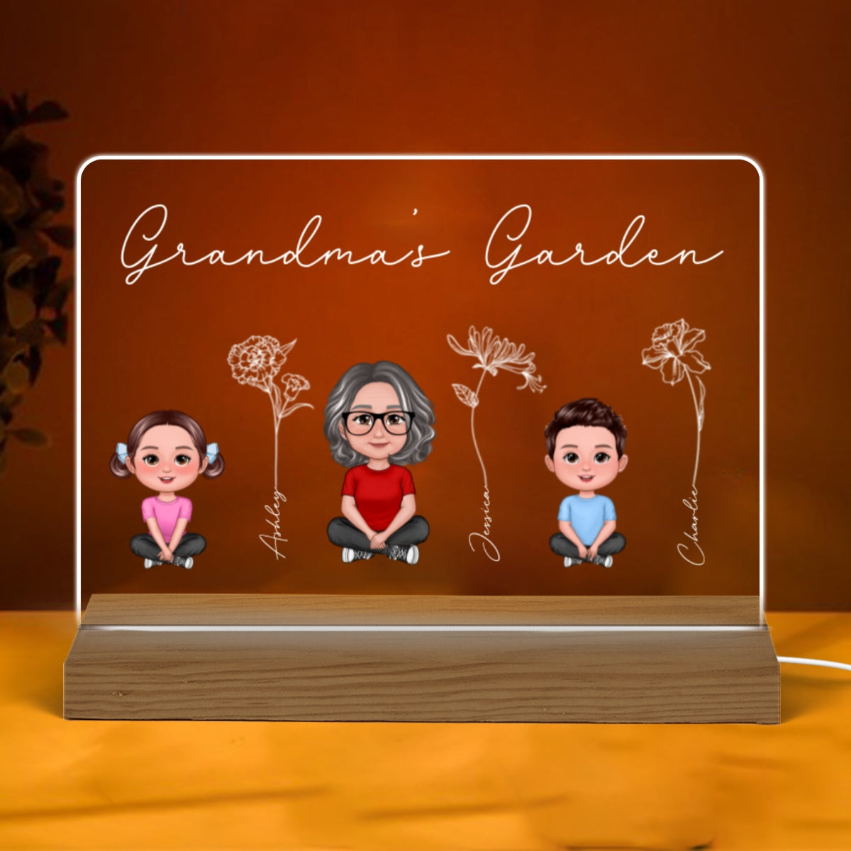 Grandma Grandkids Sitting Crossed Legs Outline Birth Month Flowers Mother¡®s Day Gift Personalized Warm Acrylic Plaque LED Night Light