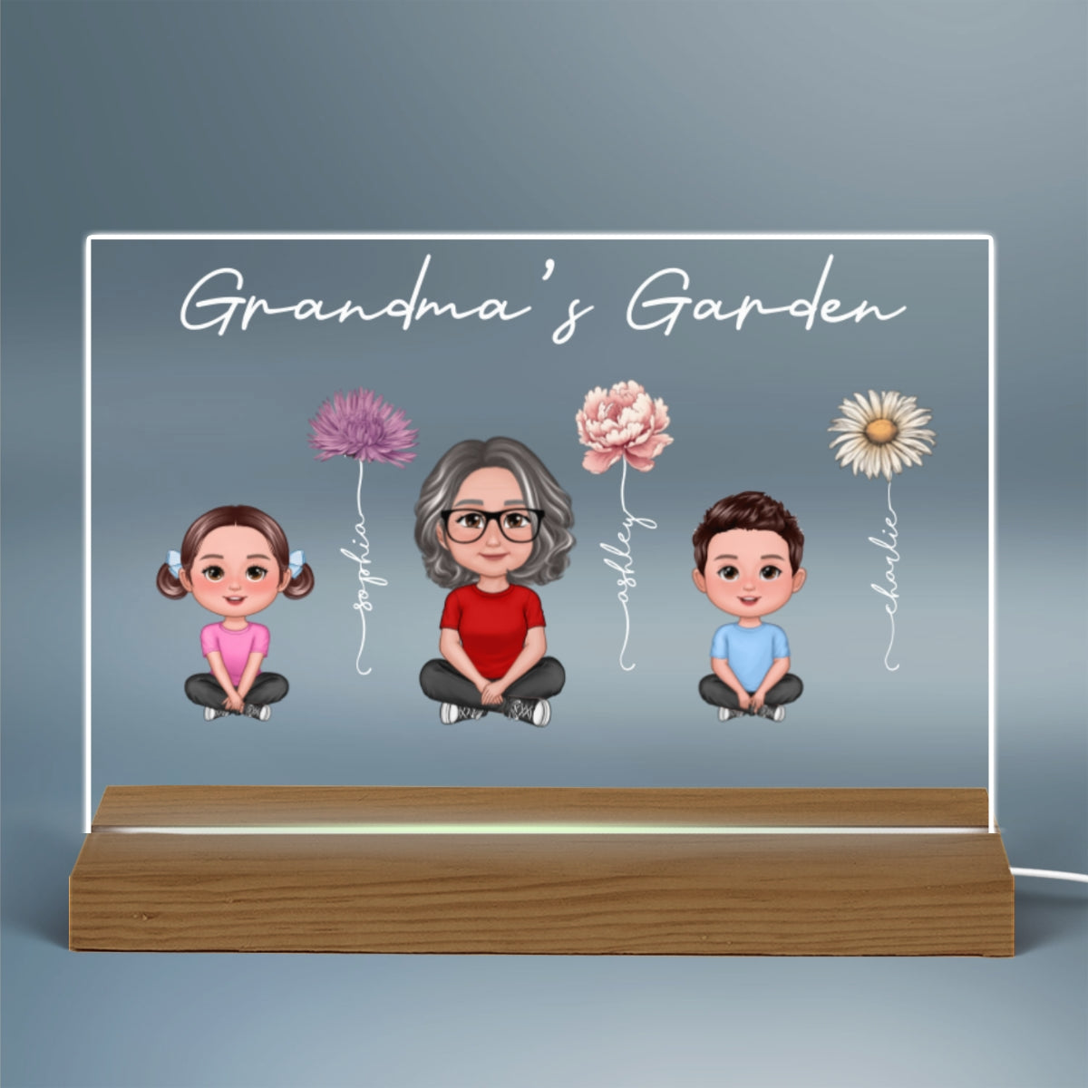 Grandma Grandkids Sitting Crossed Legs Birth Month Flowers Mother¡®s Day Gift Personalized Warm Acrylic Plaque LED Night Light